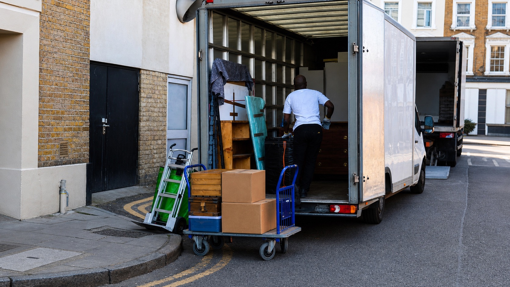Men With Van mover loading furniture and boxes beside a Luton van on a London street