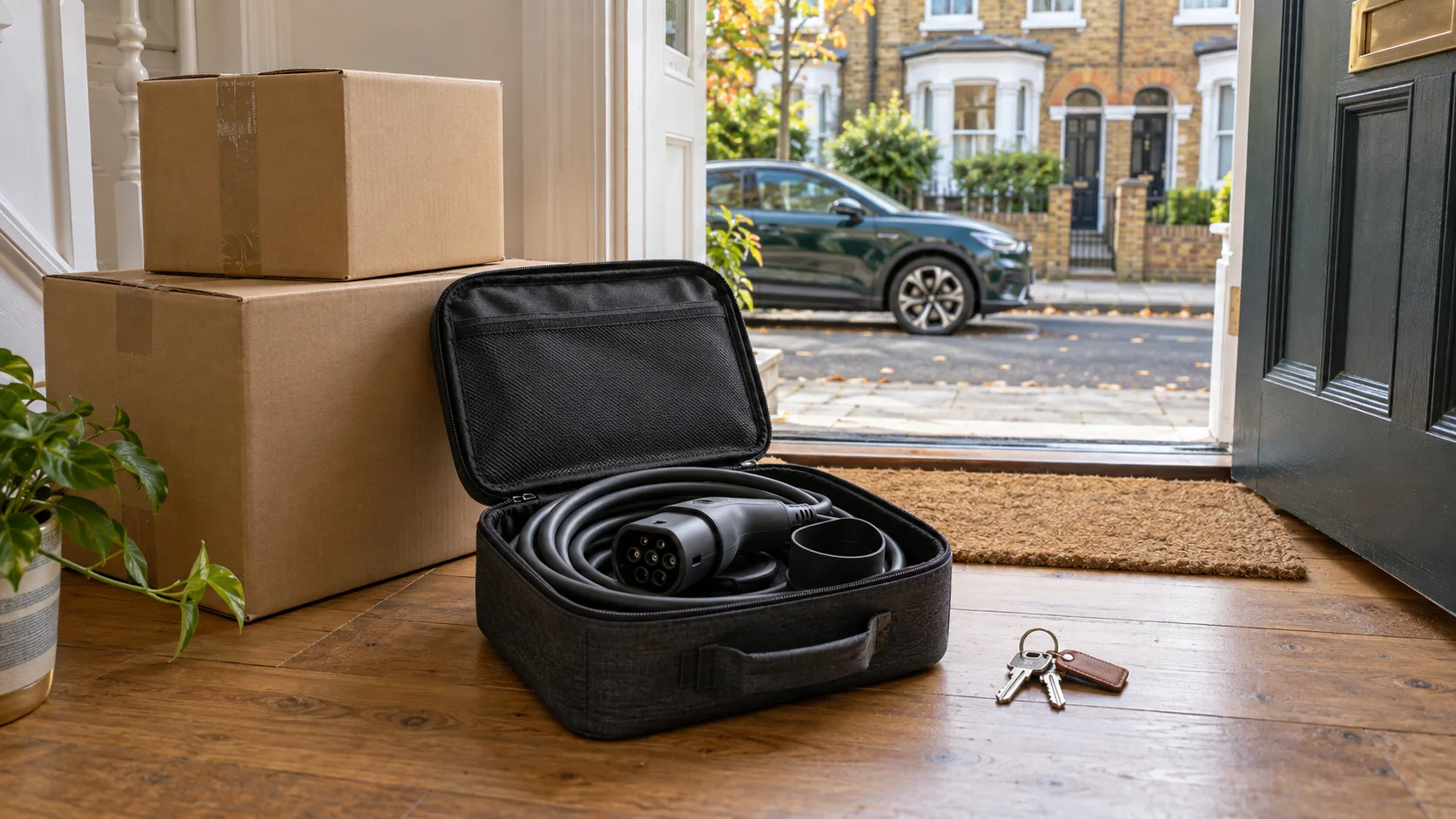 A disconnected charging cable in an open carry case beside moving boxes and house keys, with a parked car beyond the doorway