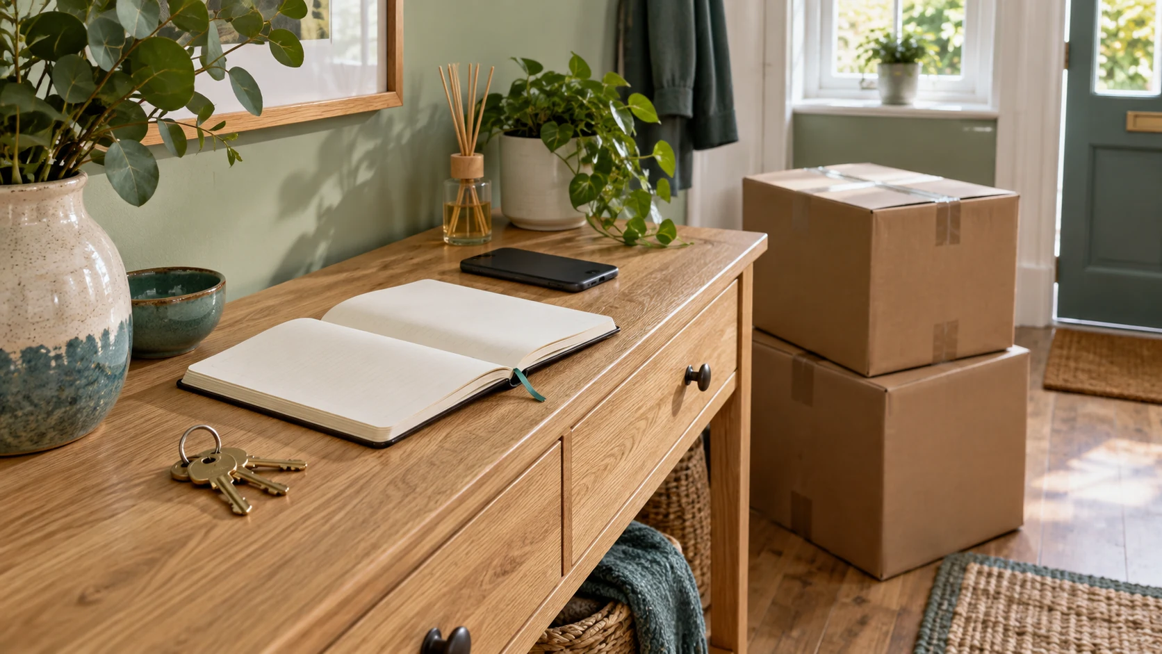 House keys, an open notebook and a phone on a console beside taped moving boxes