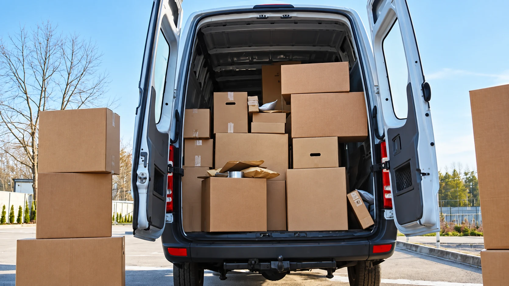 Cardboard boxes inside and beside an unbranded van with its rear doors open