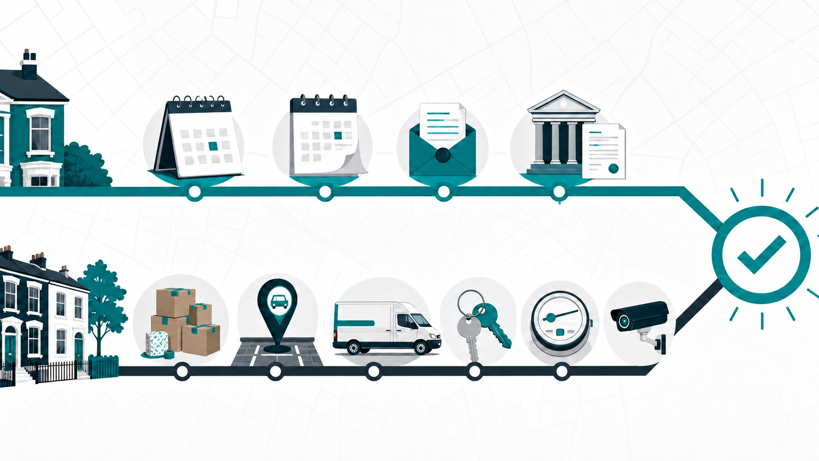 Editorial illustration with a tenancy timeline and a removals timeline meeting at one confirmed moving point
