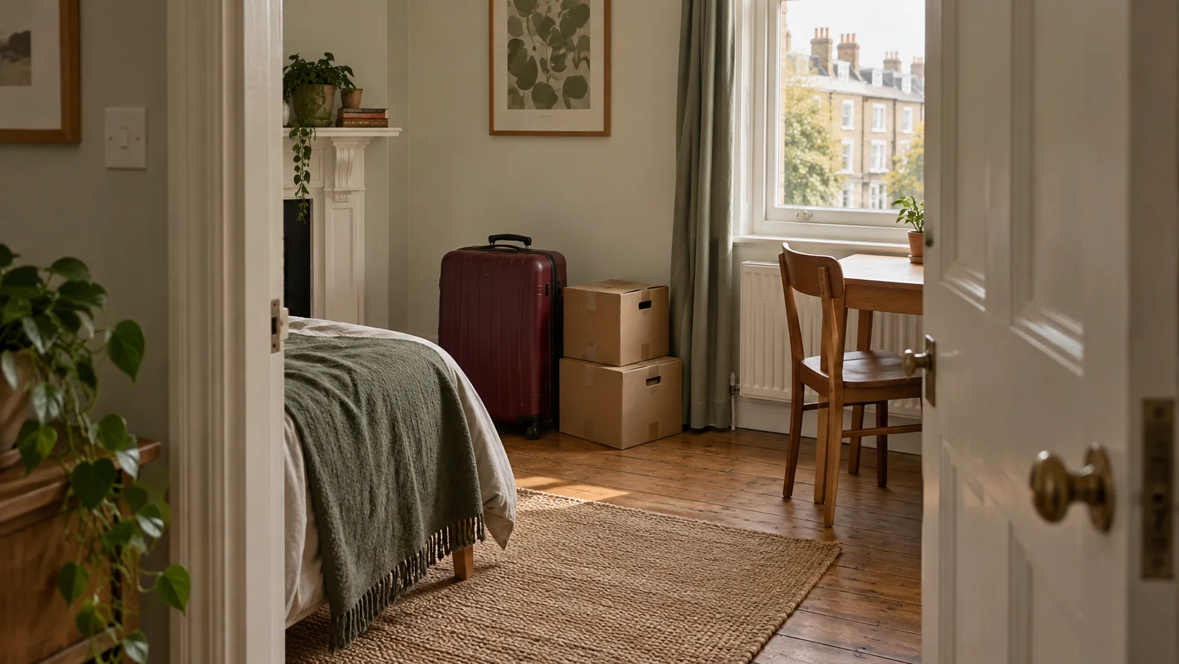 A burgundy suitcase and two moving boxes beside a desk in a room viewed through an open doorway
